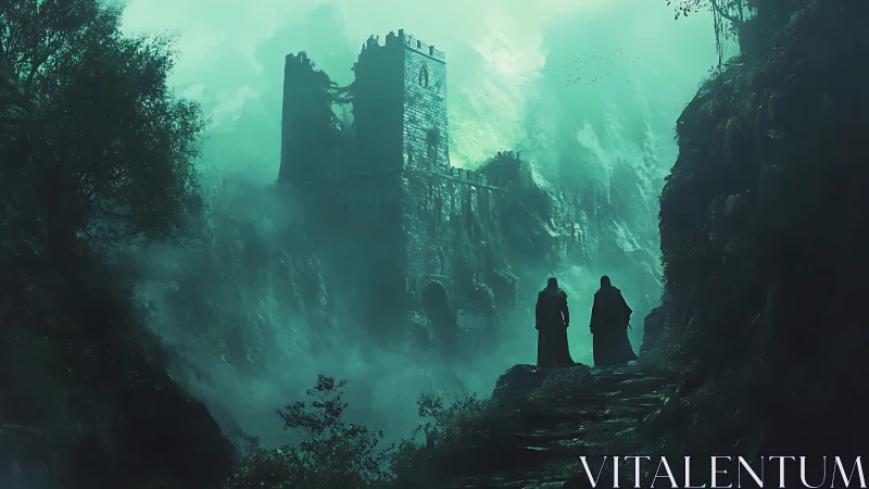 Hooded figures approach ruined fortress in misty green valley