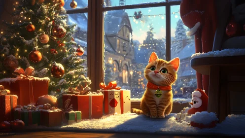 Festive ginger kitten with gifts beside illuminated tree.