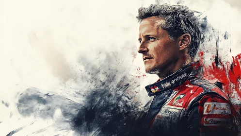 Portrait of determined race driver in dynamic paint strokes.