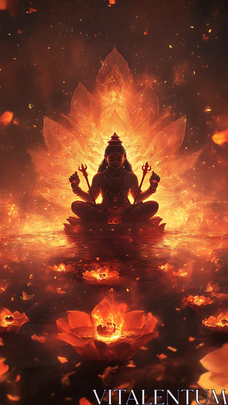Incandescent deity silhouette framed by radial lotus flame geometry