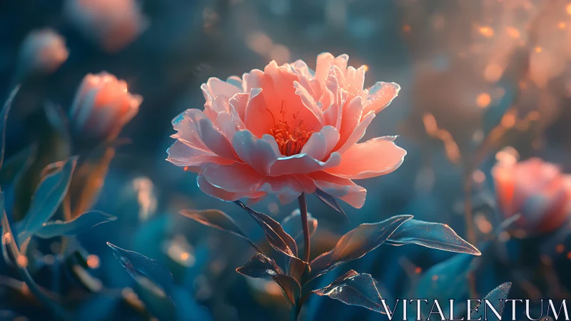 Golden-Lit Coral Peony Blooms in Soft Mist.