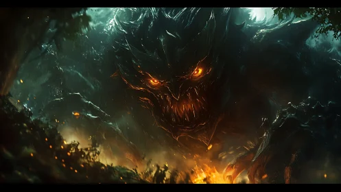 Colossal ember-eyed forest demon emerging through wildfire glow