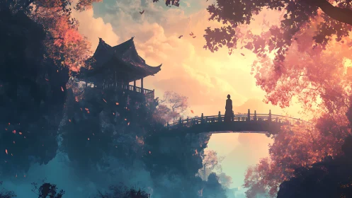 Solitary figure crosses misty bridge at fiery autumn dawn.