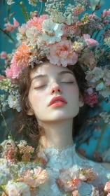 Woman with closed eyes framed by pastel flowers and lace.