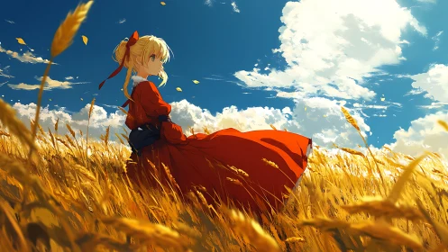 Anime girl in red dress resting in golden wheat field.