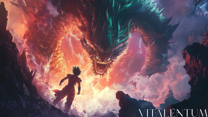 Warrior confronts colossal dragon amid cosmic storm.