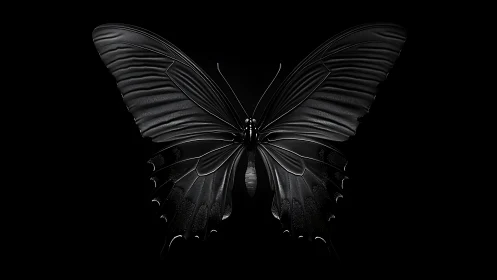 Obsidian butterfly rendered in high-gloss monochrome detail.