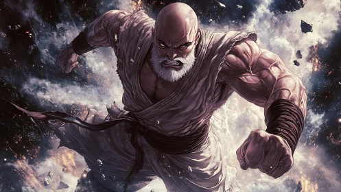 Fierce white-bearded warrior surges forward through swirling chaos