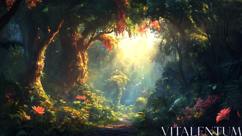 Illuminated forest pathway with ancient trees and flowering vegetation.