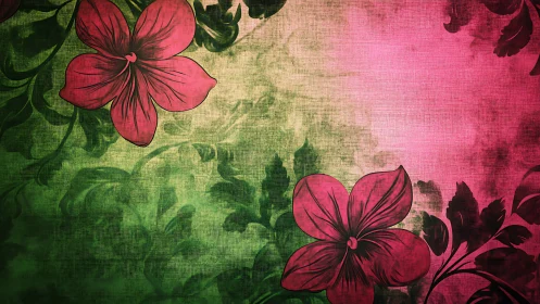 Crimson Flowers on Textured Green Garden Canvas