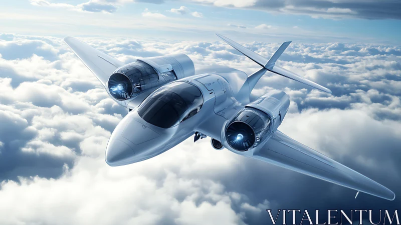 Futuristic twin-engine jet cruising above dense cloud layer