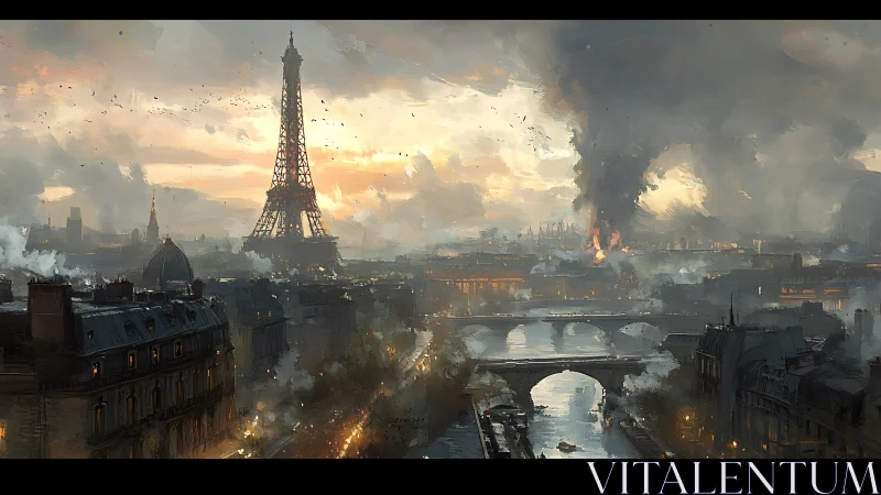 Cinematic digital painting of Parisian skyline in turmoil.