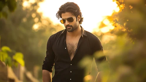 Sunlit portrait of stylish man in black shirt outdoors.