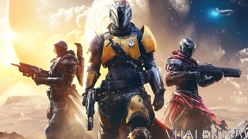 Armored space guardians advancing across alien dunes.