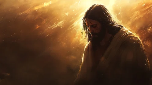 Digital painting of sorrowful robed man in golden light.