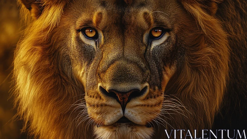 Golden-eyed lion gazes calmly with warm, regal strength