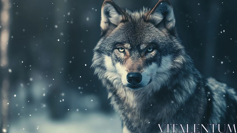 Photorealistic wolf portrait in shallow-depth winter field.