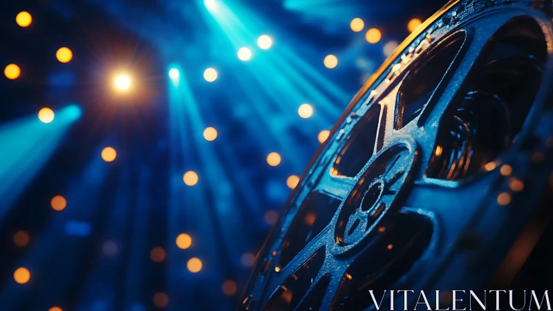 Film reel close-up against blue stage lights background.
