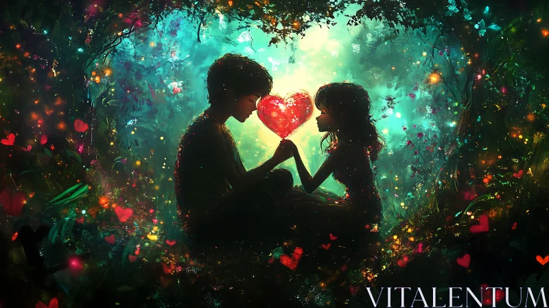 Two silhouettes exchanging luminous red heart within enchanted forest backdrop