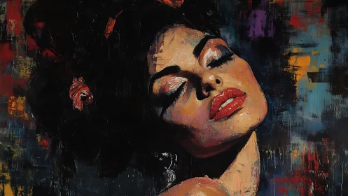 Portrait of woman with closed eyes in textured colors.