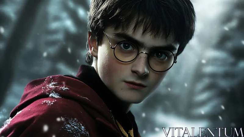 Young wizard stands alert in a swirling winter snowfall