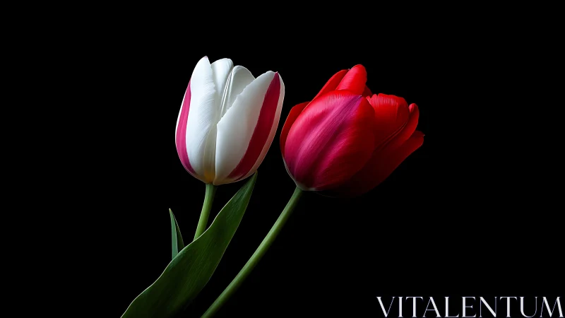 Two Tulips Against Black Background