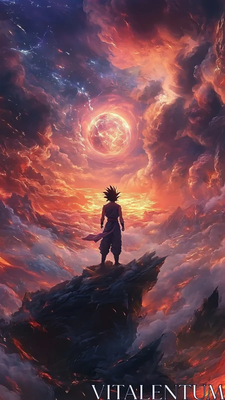 Lone warrior overlooking fiery sky and glowing planet.
