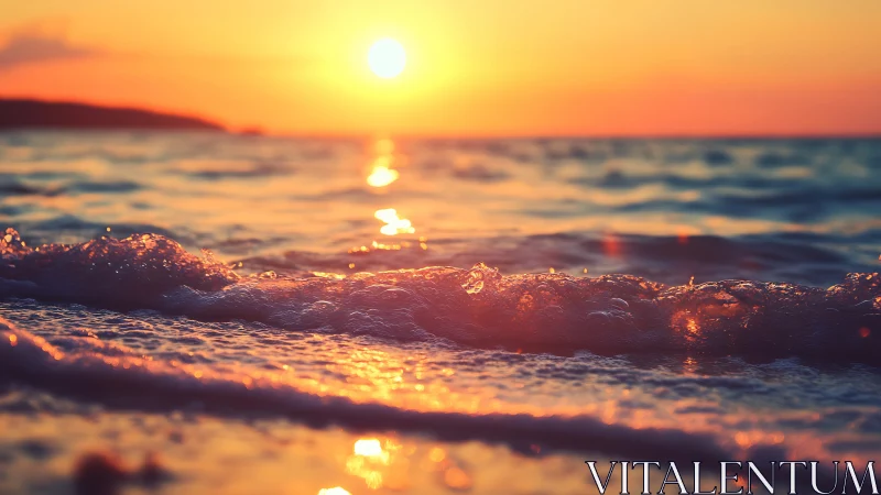 Sunlit ocean waves roll toward shore under low sunset