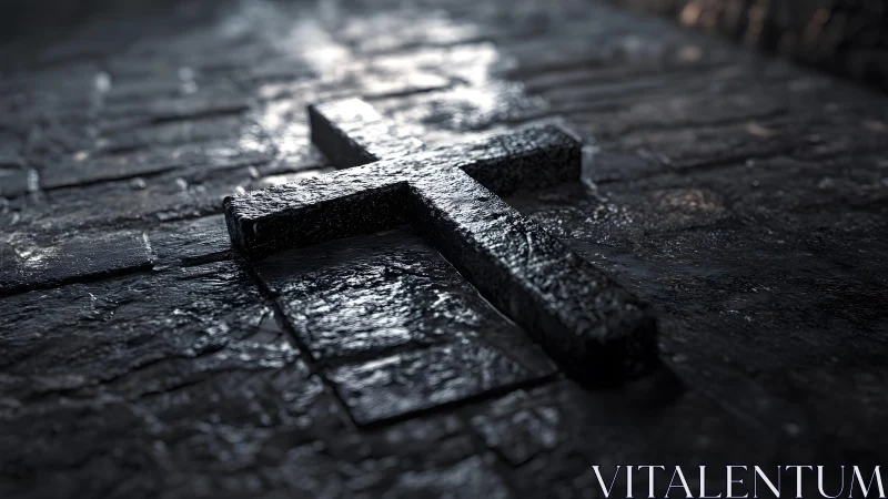 Weathered stone cross lying on wet cobblestone in dramatic light.