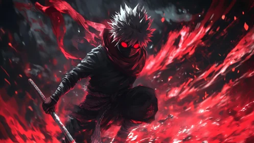 Masked anime swordsman crouches within erupting red energy