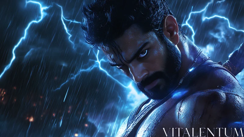 Cinematic warrior portrait in storm-lit high-contrast framing.
