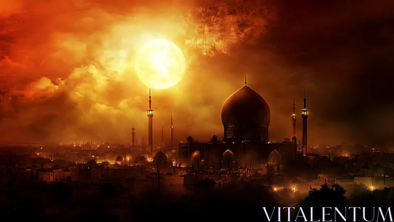 Silhouette of domed mosque and city under large setting sun.