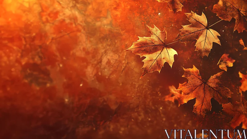 Golden autumn maple leaves drift gently in warm light