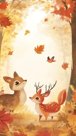 Whimsical young deer in glowing autumn forest clearing.