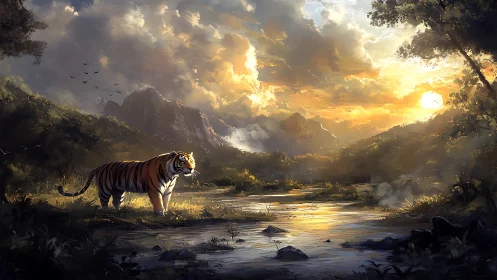 Tiger standing by river in dramatic golden sunset landscape.