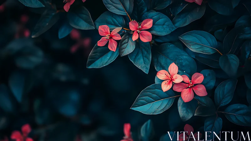 Deep teal foliage with small coral flowers in focus.