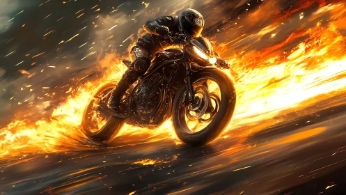 Motorcyclist carving through blazing fire trail at speed.
