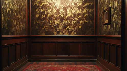 Luxury paneled room with gold textured walls and rug.