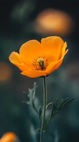 Orange Poppy Bloom in Focused Detail Against Blurred Background.