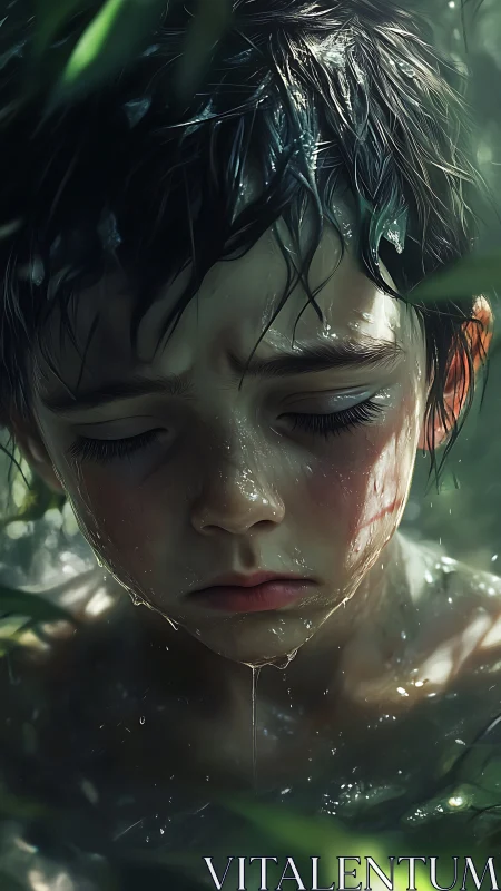 Wet child portrait under dappled forest light, hyperreal detail.
