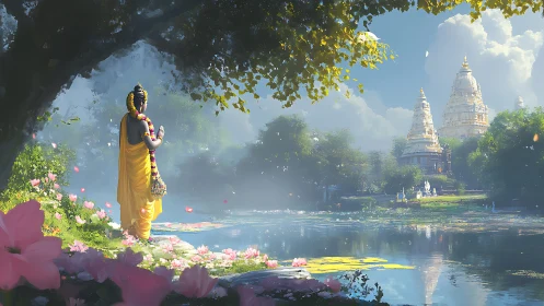 Backlit robed figure surveys misty river temple complex at dawn