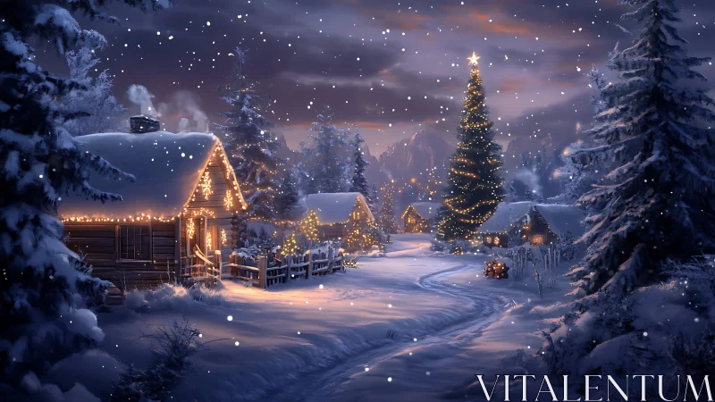 Snowy village lights glowing under a gentle winter sky.