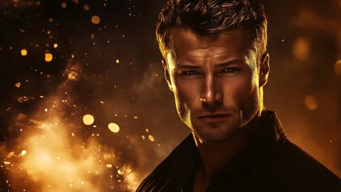 Moody male portrait against cinematic ember-lit bokeh field