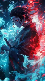 Dual-element swordsman framed by red-blue ethereal combustion field