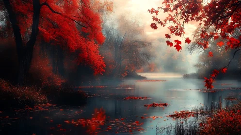 Crimson river hush beneath mist-soft autumn lantern leaves.