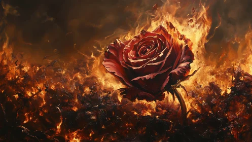 Red rose engulfed in apocalyptic flames and inferno.