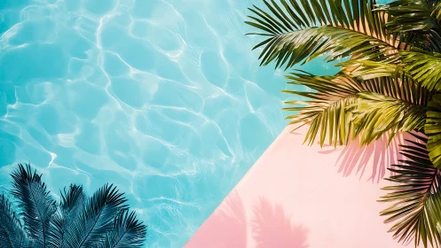 Palm leaves and pastel poolside glow in endless summer light.
