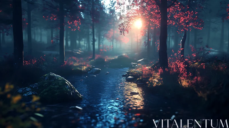 Enchanted Forest Stream at Sunset. Mystical Woodland.