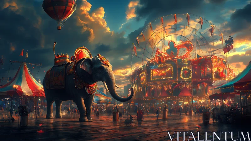 Golden hour carnival with a regal elephant and ferris glow.
