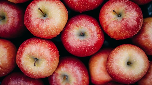 High-resolution macro study of dewy red apples in top-down grid